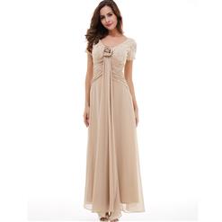 Women's Short Sleeve V Neck Pleated Maxi Bridesmaid Prom Evening Gowns N15920