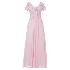 Women's Pink Short Sleeve V Neck Pleated Maxi Bridesmaid Prom Evening Gowns N15921