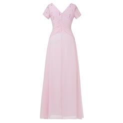 Women's Pink Short Sleeve V Neck Pleated Maxi Bridesmaid Prom Evening Gowns N15921