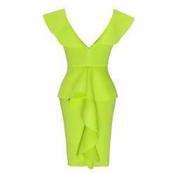 Women's Sexy Yellow V Neck Sleeveless Ruffled Falbala Package Hip Midi Dress N15935