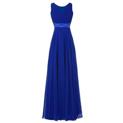 Women's Blue Sleeveless V Neck Pleated Beading Prom Evening Gowns N15938