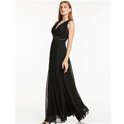 Women's Black Sleeveless V Neck Pleated Beading Prom Evening Gowns N15940