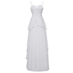 Women's White Spaghetti Strap Sweetheart Ruffle Falbala Prom Evening Gowns N15944
