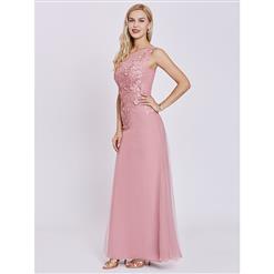 Women's Pink Scoop Neck Sleeveless Appliques A-line Prom Gowns N15954