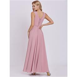 Women's Pink Scoop Neck Lace-Up Appliques A Line Chiffon Prom Gowns N15955