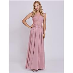 Sexy Evening Gowns, Ankle-Length Evening Gowns, Pink Scoop Neck Prom Gowns, Pink Sleeveless Bridesmaid Dress, Lace-up Chiffon Evening Dresses, Appliques Evening Gowns, Wedding Guest Dress, #N15955