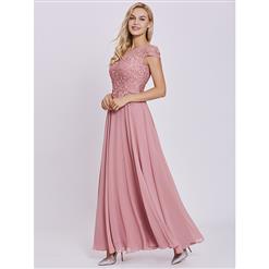 Women's Pink Scoop Neck Cap Sleeve Appliques A Line Chiffon Prom Gowns N15956