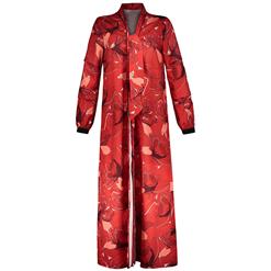 Fashion Red Long Coat for Women, Floral Print Lace-up Trench Coat, Red Long Sleeve V Neck Coat, Women's Casual Holiday Long Coat, Elegant Beach Lace-up Trench Coat, #N15977