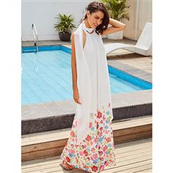 Women's Casual White Floral Print Halter Backless Vacation Maxi Dress N15978