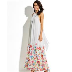 Women's Casual White Floral Print Halter Backless Vacation Maxi Dress N15978