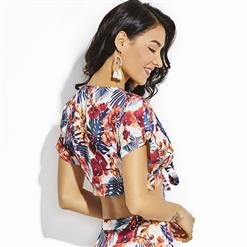 Women's Sexy Floral Print Short Sleeve Deep V Neck Lace-up Crop Top N15980
