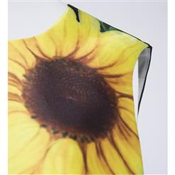 Women's Elegant Sunflower Print Sleeveless Round Neck Black Midi Dress N15982