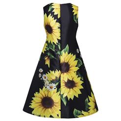 Women's Elegant Sunflower Print Sleeveless Round Neck Black Midi Dress N15982