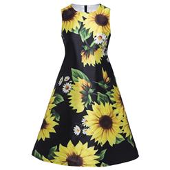 Fashion Black Print Dress for Women, Sunflower Print Sleeveless Round Neck Dress, Black Print Midi Zipper Dress, Women's Elegant Party Knee-Length Dress, Casual Stylish Summer Dress, #N15982