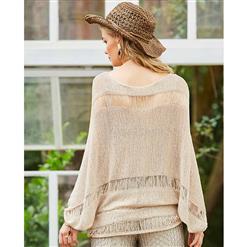 Women's Fahsion Apricot Round Neck Batwing Sleeve Hollow Out Loose Pullover Blouse N15983