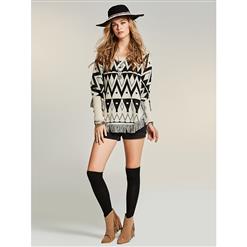 Women's Fahsion White Round Neck Long Sleeve Geometric Pattern Tassel Knitwear Sweater N15986