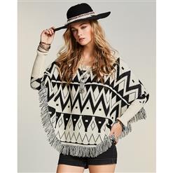 Women's Fahsion White Round Neck Long Sleeve Geometric Pattern Tassel Knitwear Sweater N15986
