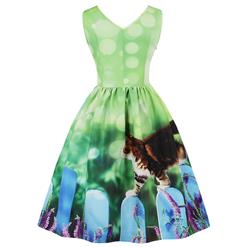 Women's Green Vintage V Neck Sleeveless 3D Digital Cat Print Swing Tank Dress N15988
