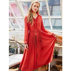 Women's Fashion Casual High Slit Long Sleeve Pleated Pullover Maxi Dress N15994