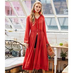 Fashion Red Pleated Maxi Dress for Women, Long Sleeve Pullover Long Dress, High Slit Long Sleeve Lapel Dress, Women's Casual Holiday Red Maxi Dress, Elegant Beach Sequin Tassel Dress, #N15994