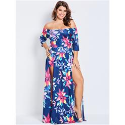 Women's Blue Off Shoulder Half SLeeve Flower Print Spliting Plus Size Maxi Dress N15997