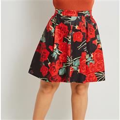 Sexy Skirt for Women, Sexy Plus Size Black Skirt,  Knee-Length Plus Size Skirt, Black Sexy Red Rose Print Skirts, Floral Print Black Skirt, Women Skirts Plus Size, High-Waist Skirts, #N15998