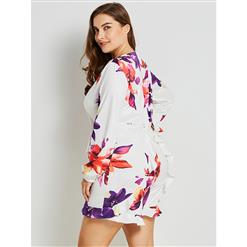 Women's White V Neck Long Sleeve Floral Print Plus Size Rompers Jumpsuit N15999
