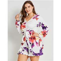 Women's White V Neck Long Sleeve Floral Print Plus Size Rompers Jumpsuit N15999
