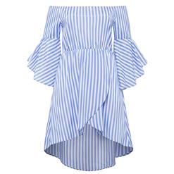Women's Off Shoulder Flare Sleeve Stripe Asymmetric Plus Size Day Dress N16000