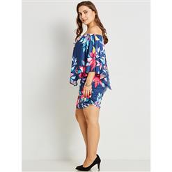 Women's Dark-blue Floral Print Off Shoulder Bodycaon Plus Size Mini Dress N16001