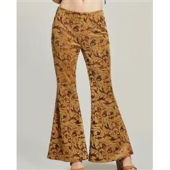 Fashion Print Bellbottoms for Women, Full Length Brown Bellbottoms, Retro Gold Embroidery Long Bellbottoms, Women's Casual Holiday Zipper Bellbottoms, Elegant Retro Floral Pattern Bellbottoms, #N16007