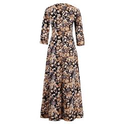 Women's Elegant Retro Long Sleeve Round Neck Floral Print Maxi Dress N16016
