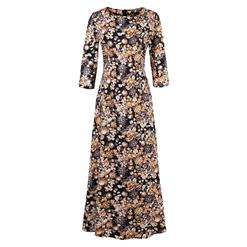 Women's Elegant Retro Long Sleeve Round Neck Floral Print Maxi Dress N16016