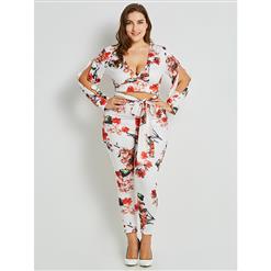 Women's White V Neck Long Sleeve Floral Print Plus Size Pant Set N16020