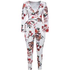 Women's White V Neck Long Sleeve Floral Print Plus Size Pant Set N16020