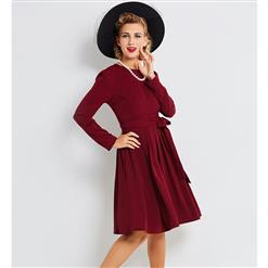 Women's Retro Long Sleeve Round Collar Solid Color Pleated Midi Dress N16021