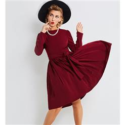 Women's Retro Long Sleeve Round Collar Solid Color Pleated Midi Dress N16021