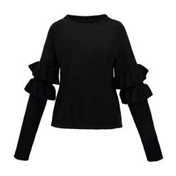 Plain Long Sleeve Black Sweater, Falbala Trim Pullover Sweater, Long Sleeve Round Neck Slim Fit Sweater, Women's Casual Solid Color Tops, Elegant Casual Black Pullover Dress, #N16022