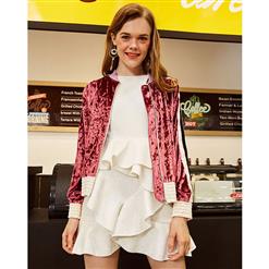 Women's Stylish Pink Round Neck Long Sleeve Pleuche Jacket Overcoat N16026