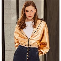 Hooded Short Jacket, Fashion Coat for Women, Long Sleeve Loose Jacket, Gold Jacket for Women, Gold Casual Zipper Coat, Sexy Fashion Jacket, #N16028