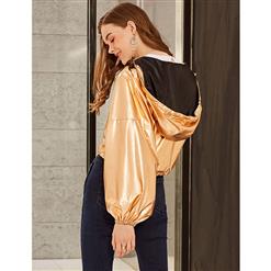 Women's Stylish Gold Front Zipper Hooded Short Jacket Overcoat N16028