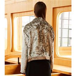 Women's Stylish Silver Collared Long Sleeve Front Button Velvet Jacket Overcoat N16029