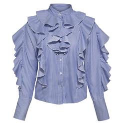 Women's Sexy Light-Blue Stand Collar Long Sleeve Falbala Blouse Top N16031
