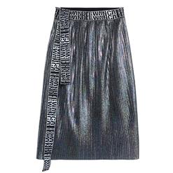 Women's Silver High Waist Letter Belt Straight Skirt N16032