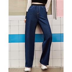 High Waist Jeans, Womens Dark-blue Pants, Dark-blue Casual Jeans for Women, Full Length Pants, Pocket Pants for Women, Casual Wide Leg Pants, #N16033