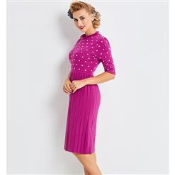Women's Retro Half Sleeve Polka Dot Print Pleated Slim Fit Midi Dress N16035