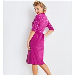 Women's Retro Half Sleeve Polka Dot Print Pleated Slim Fit Midi Dress N16035