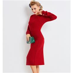 Women's Fashion Red Long Sleeve Round Neck Sweater Slim Fit Skirt Suit N16036
