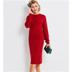 Elegant Long Sleeve Skirt Suit for Women, Long Sleeve Sweater Slim Fit Skirt Set, Red Pillover Slim Fit Skirt Suit, Women's Casual Holiday Party Midi Skirt Suit, Elegant High Waist Slim Fit Skirt Suit, #N16036