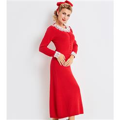 Women's Elegant Red Long Sleeve Single-Breasted Slim Fit Maxi Dress N16037